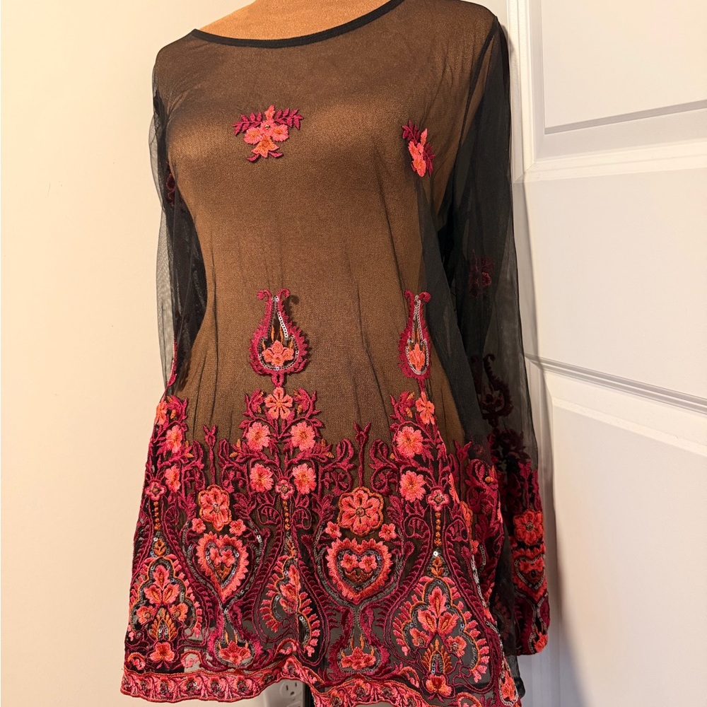 INC International Concepts Black Sheer Top with Red Embroidery